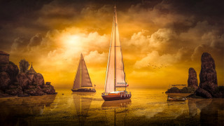 Sailboat sunset mountain cityscape ocean - david martin free wallpaper for desktop