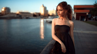 Woman black dress bridge city - cinematic photography free wallpaper for desktop