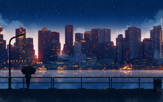 Bridge city night street lights - atey ghailan free wallpaper