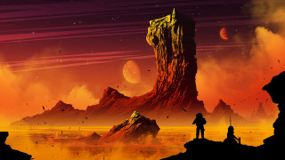 Cliff man looking planet red - matte painting concept art free wallpaper for desktop