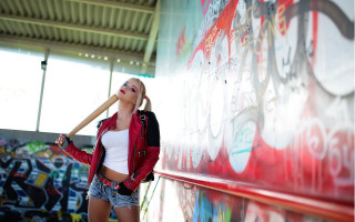 Woman baseballbat graffitibackground redjacket blonde - anna katharina block free wallpaper
