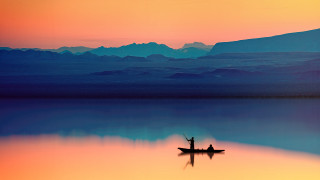 Lake sunset mountains boat figure - the boat free wallpaper