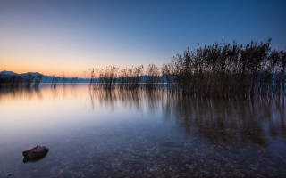 Lake rock sunset trees night - a rock in the middle of it free wallpaper