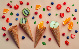 Three ice cream cones fruit - fruit free wallpaper for desktop