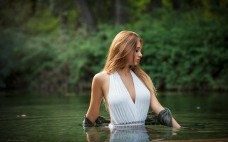 Woman water white dress elina - river free wallpaper