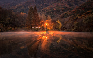 Lake mountain forest embers fire - atmospheric free wallpaper for desktop
