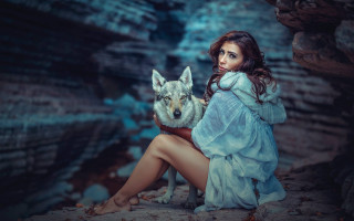 Woman blue dress wolf cave - anka zhuravleva free wallpaper