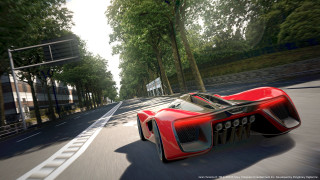 Red sports car road forest 4 - a sunny day free wallpaper