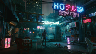 Neon cyberpunk couple cityscape urban - the wall and a table free wallpaper