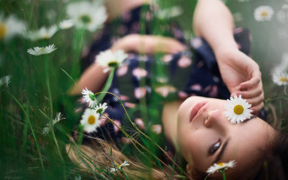 Girl daisy field blurry portrait - a field of daisies free wallpaper