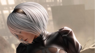 Silver haired woman cityscape cellphone - a black top free wallpaper for desktop