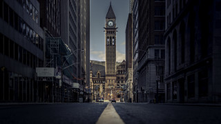 Clocktower city street dusk tiltshift - dusk time free wallpaper for desktop