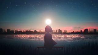 Sunset water cityscape bench anime - atey ghailan free wallpaper for desktop