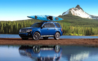 Blue suv surfboard lake mountains - pathfinder free wallpaper