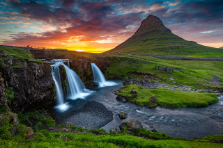 Waterfall bridge mountain sunset clouds - dramatic free wallpaper for desktop