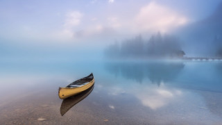 Canoe shore lake foggy bridge - the foggy day free wallpaper