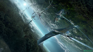 Futuristic jet flying forest sky - matte painting concept art free wallpaper
