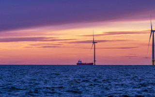 Boat wind farm sunset dock - environmental art free wallpaper