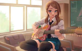 Girl classroom guitar blue skirt - cyril rolando free wallpaper