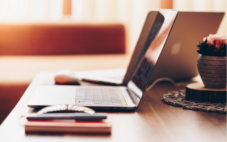 Laptop wooden desk flowerpot cellphone - affinity photo free wallpaper