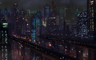 City night train lights water - cyberpunk city free wallpaper for desktop