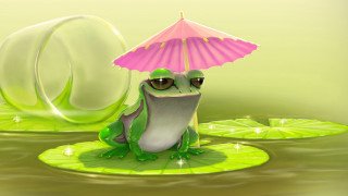 Frog pink umbrella lily pad - digital painting free wallpaper for desktop