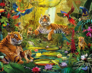 Tigers jungle birds flowers painting - the jungle free wallpaper
