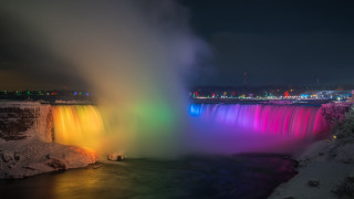 Rainbow waterfall night city hologram - free new year wallpaper for desktop