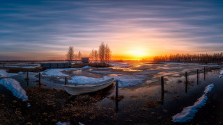 Frozen lake boat sunset magic - lake free wallpaper