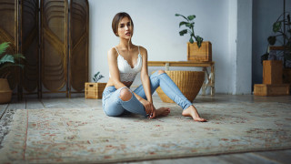 Woman sitting rug plant fashion - the floor in a room free wallpaper