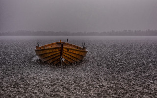 Boat foggy lake gravel trees - colin gill free wallpaper