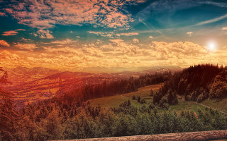 Mountain sunset bench landscape city - a scenic view of a mountain range free wallpaper
