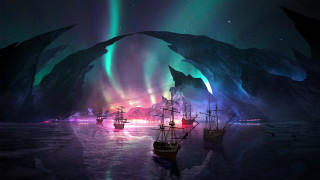 Ships ocean aurora city mountains - a group of ships free wallpaper