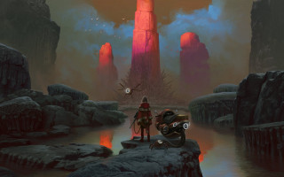 Fantasy man motorcycle tower scene - mars ravelo and greg rutkowski free wallpaper