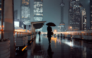 Cityscape rainy night umbrella cyberpunk - the rain in a city free wallpaper
