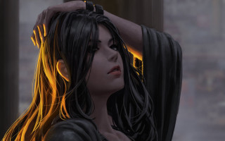 Woman black dress yellow lights - art greg rutkowski free wallpaper