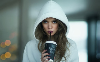 Woman white hoodie coffee bokeh - a cup free wallpaper