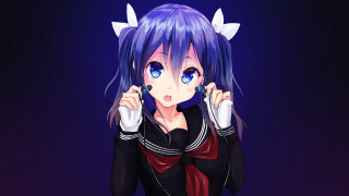 Anime girl blue hair horns 2 - a red bow free wallpaper for desktop