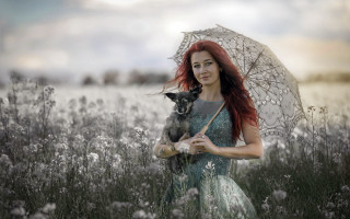 Woman dog flower field umbrella - elke vogelsang free wallpaper