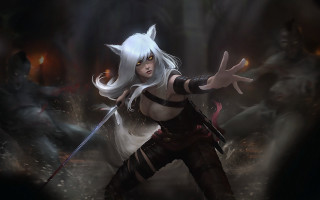 White hair sword dark forest - behind her free wallpaper