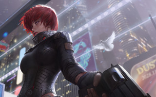 Futuristic city woman suitcase bird - league of legends concept art free wallpaper for desktop