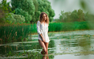 Woman lake forest grass art - lake free wallpaper