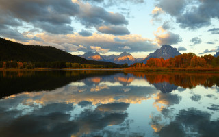 Lake mountains clouds trees sunset - alson s. clark free wallpaper for desktop