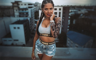 Tattooed rooftop cosplay brown eyes - her arm and chest free wallpaper