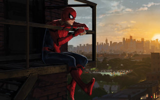 Spiderman sitting ledge city sunset - the sun setting behind free wallpaper