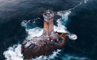 Lighthouse rock ocean waves ship - wave free wallpaper