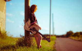 Woman guitar pole outdoors sunset - a pole free wallpaper