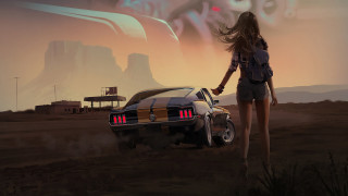 Desert retrofuturism woman car sunset - alena aenami free wallpaper for desktop