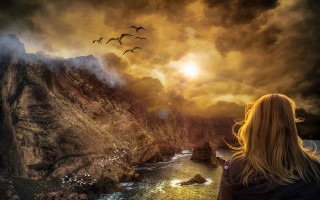 Woman cliff river birds sunset - the sky above her free wallpaper