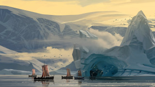 Ship ocean mountain iceberg fantasy - huge free wallpaper for desktop